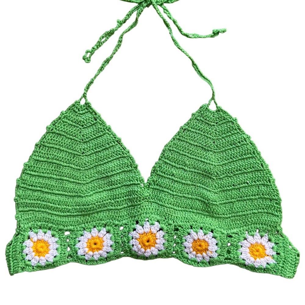 Crochet Daisy Floral Halter Bra Top Festival Boho Cottagecore Hippie 70s Beachy